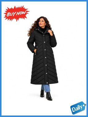 Long Maxi Quilted Puffer Jacket Hooded Chevron Winter Coat